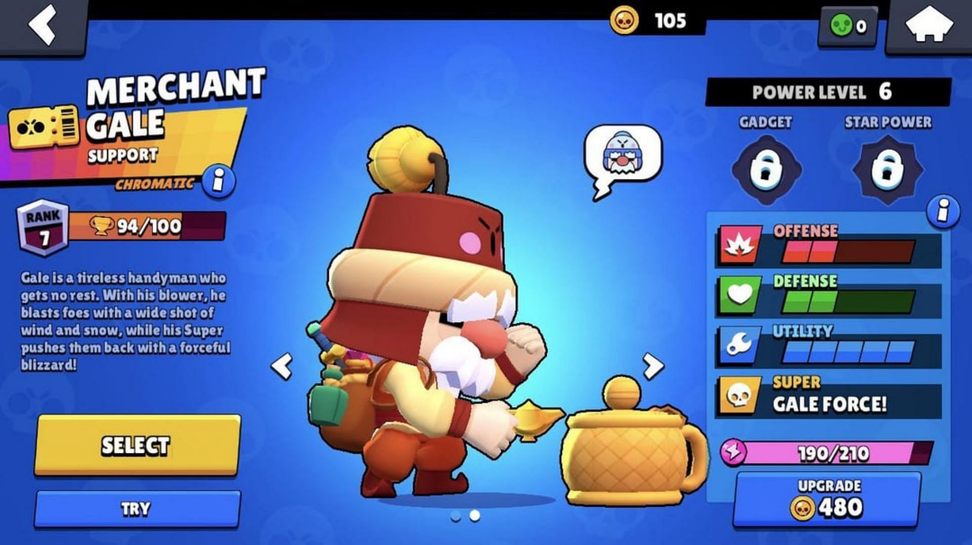 Gale is an Epic brawler with moderate health (Image via Supercell)