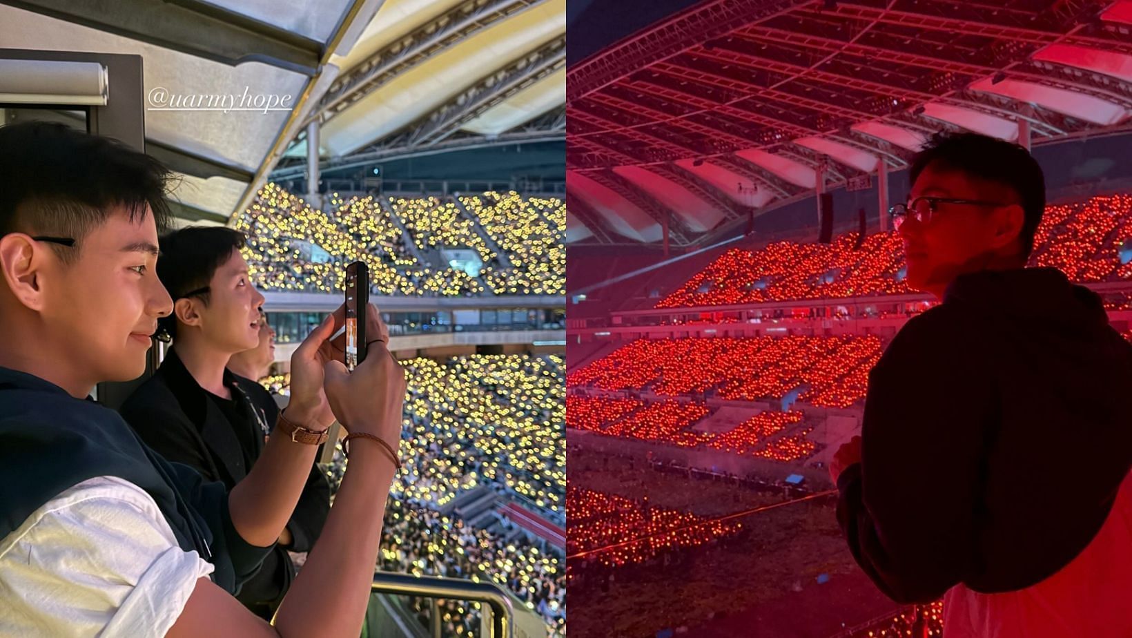 BTS&rsquo; J-Hope and Taehyung together at IU&rsquo;s Seoul concert. (Images via Instagram/@thv)