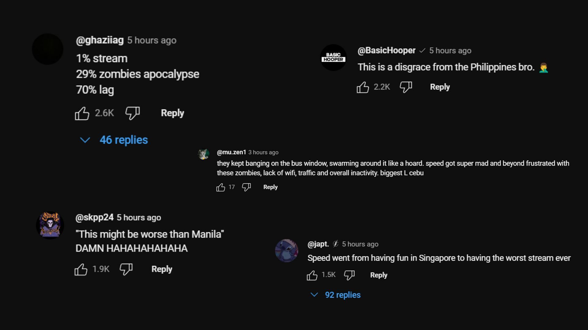 More fan reactions from the comments section of the live stream, fans collectively seemed to agree that the stream was not Speed&#039;s best (Image via IShowSpeed/YouTube)