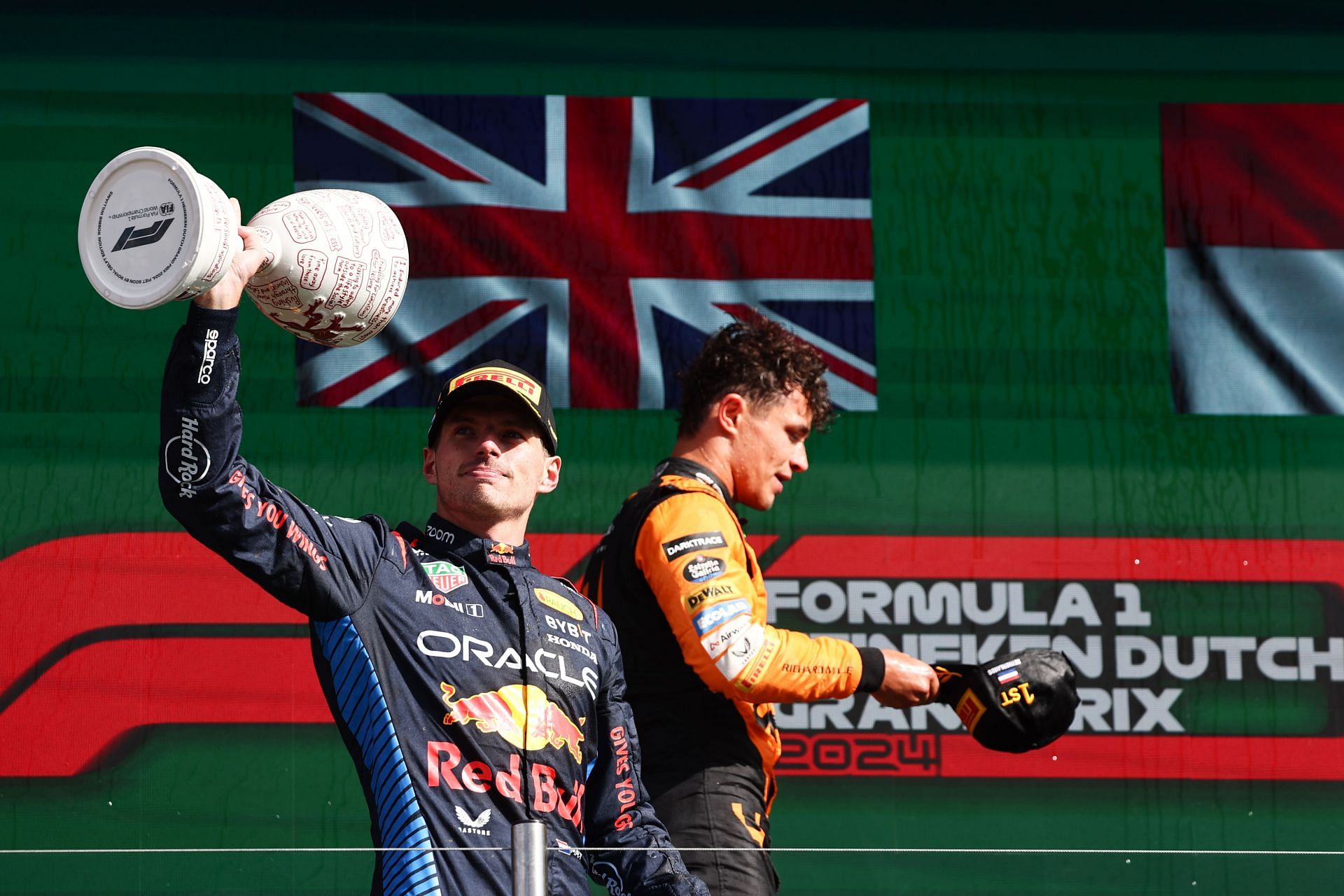 Max Verstappen of Red Bull and Lando Norris of McLaren at Circuit Zandvoort in Zandvoort, Netherlands on August 25, 2024. (Photo by Jakub Porzycki/NurPhoto via Getty Images)