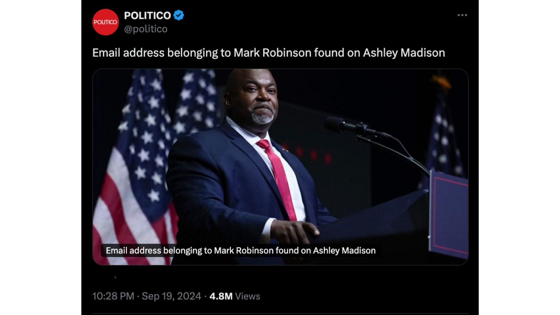 Mark Robinson&#039;s email address appeared on Ashley Madison (Image via X/@politico)