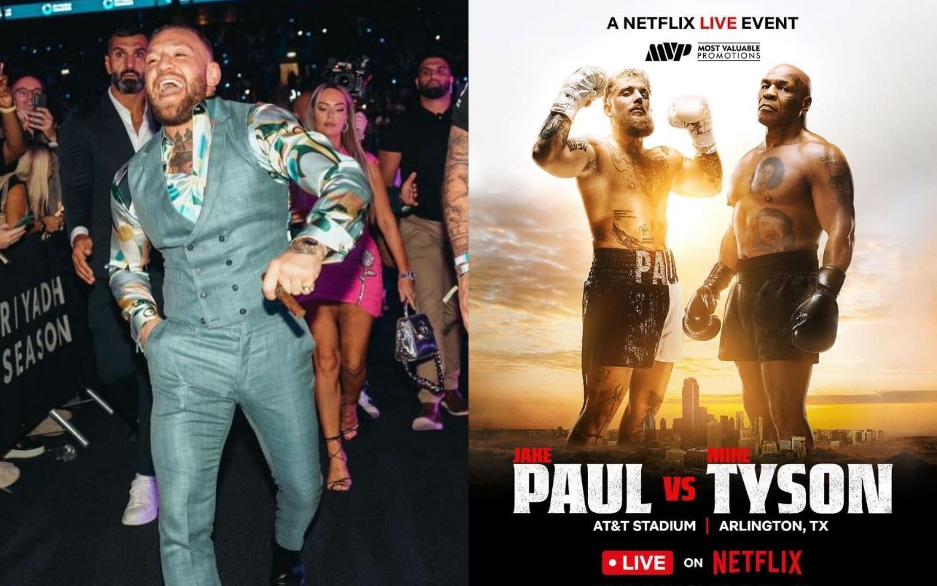 Conor McGregor (left) provides his thoughts on the Jake Paul vs Mike Tyson fight (right). [Image credit: @thenottoriousmma. @jakepaul on Instagram]