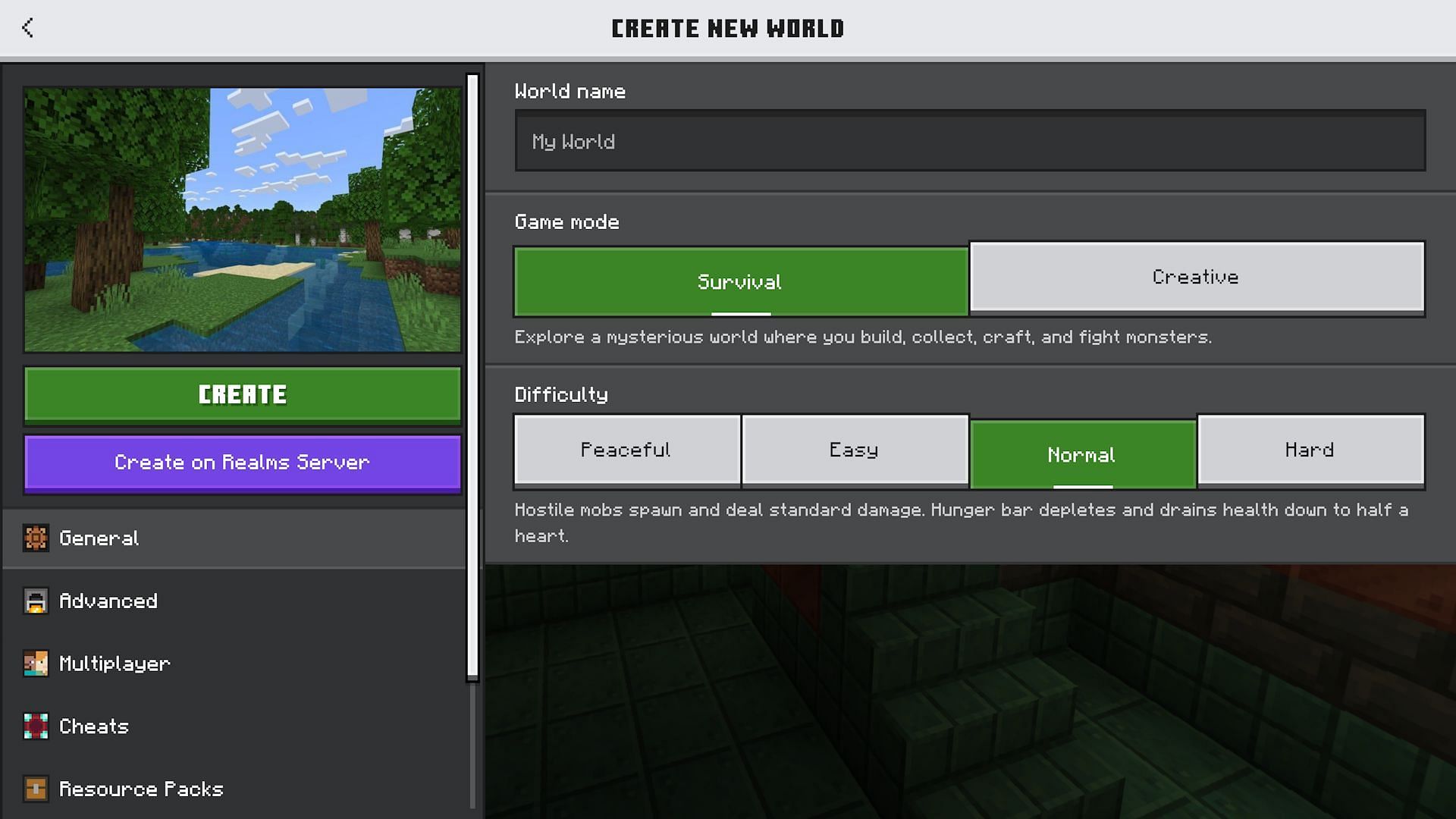 The Bedrock world creation screen (Image via Mojang)