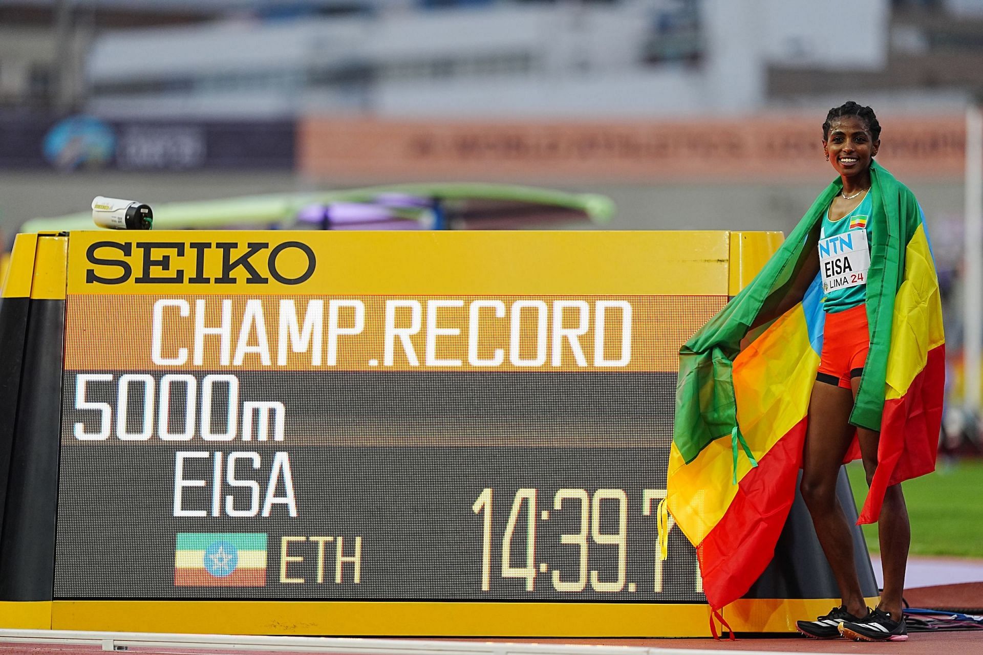 Medina Eisa of Ethiopia after breaking the Championship record at the World Athletics Junior U20 Championships in Lima [Image Source: World Athletics&#039; X account]