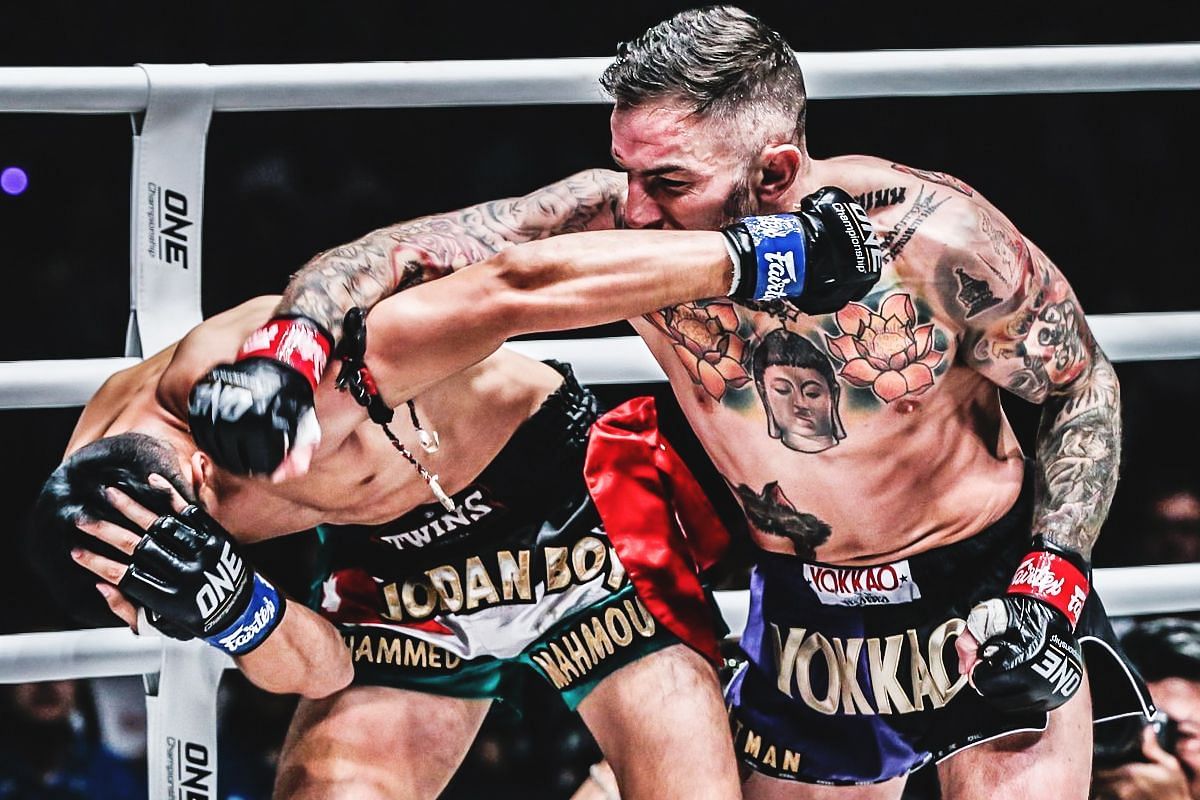 Liam Harrison fighting Mohammed Bin Mahmoud (left and right photos) | Image credit: ONE Championship