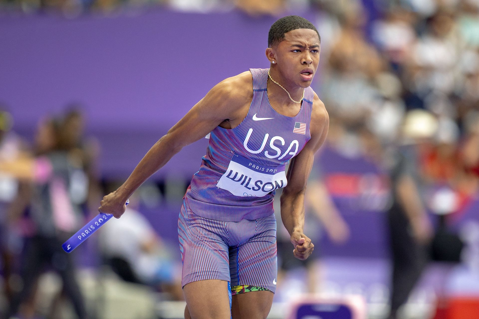 Quincy Wilson of the United States running the first leg in the Men&#039;s 4 x 400m Relay Round One Heat One during the 2024 Summer Olympic Games in Paris, France. (Photo via Getty Images)