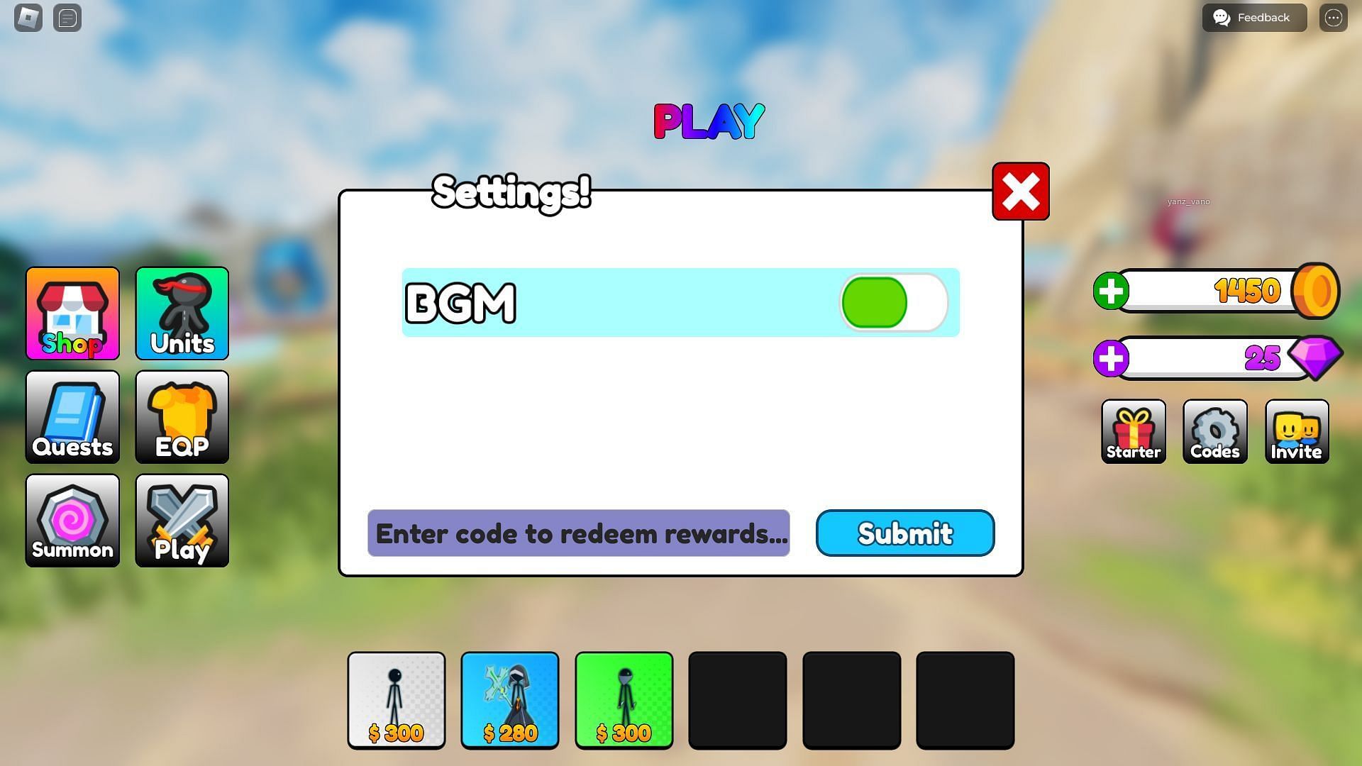 Code box in Stickman TD (Image via Roblox)