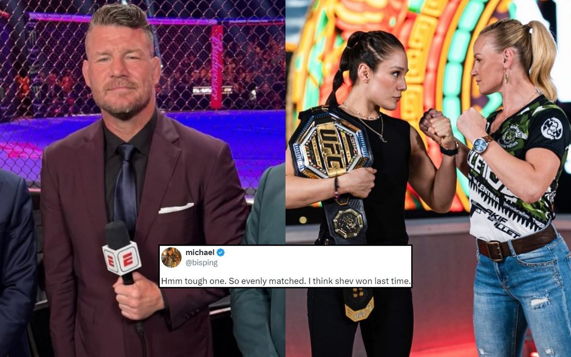 Michael Bisping (left) tweets his prediction (insert) on the Alexa Grasso vs Valentina Shevchenko fight (right). [Image credit: @bisping on X, @mikebisping and @alexa_grasso on Instagram]