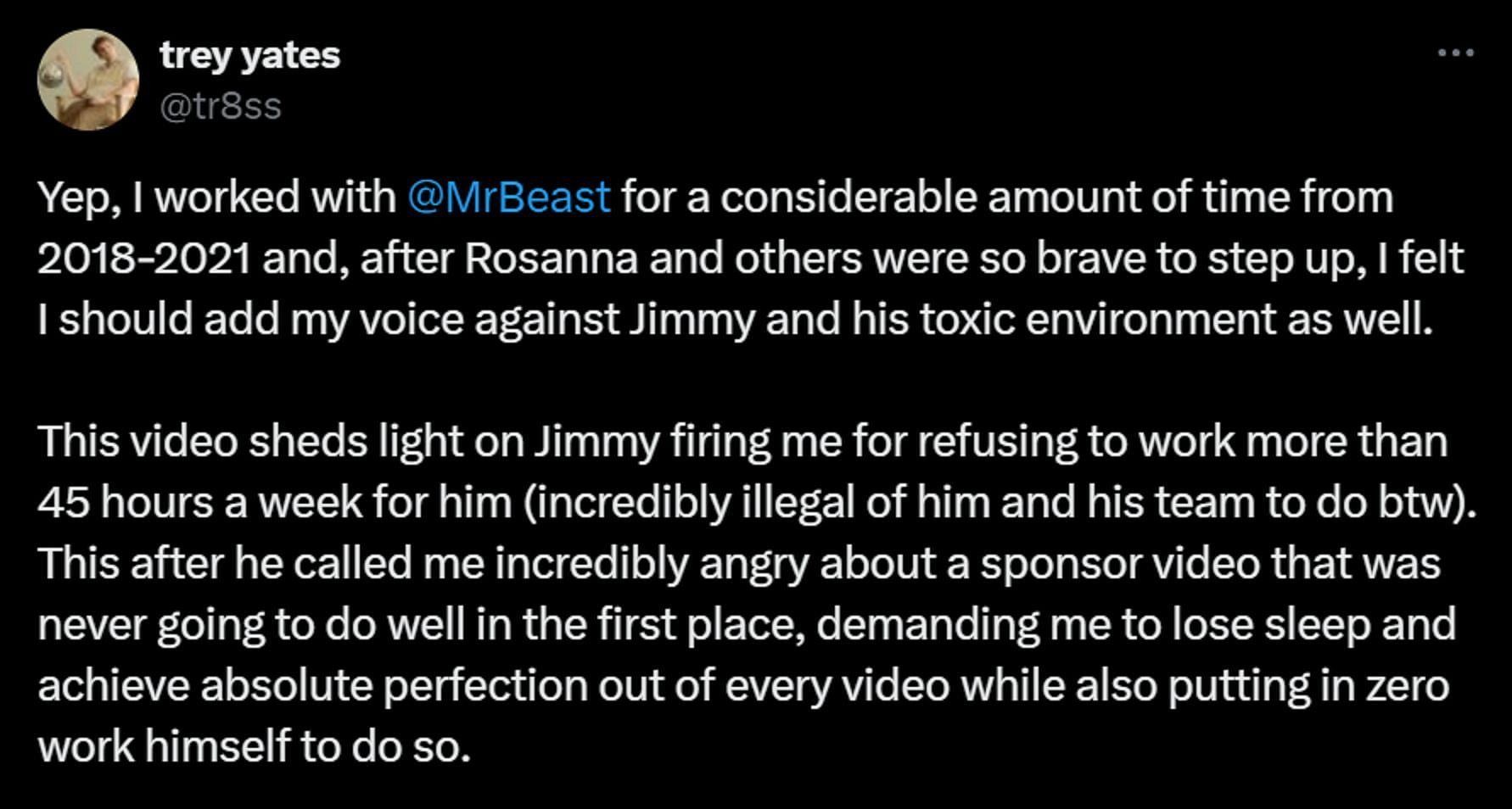 Former MrBeast employee makes new allegations against the YouTuber (Image via X/@tr8ss)