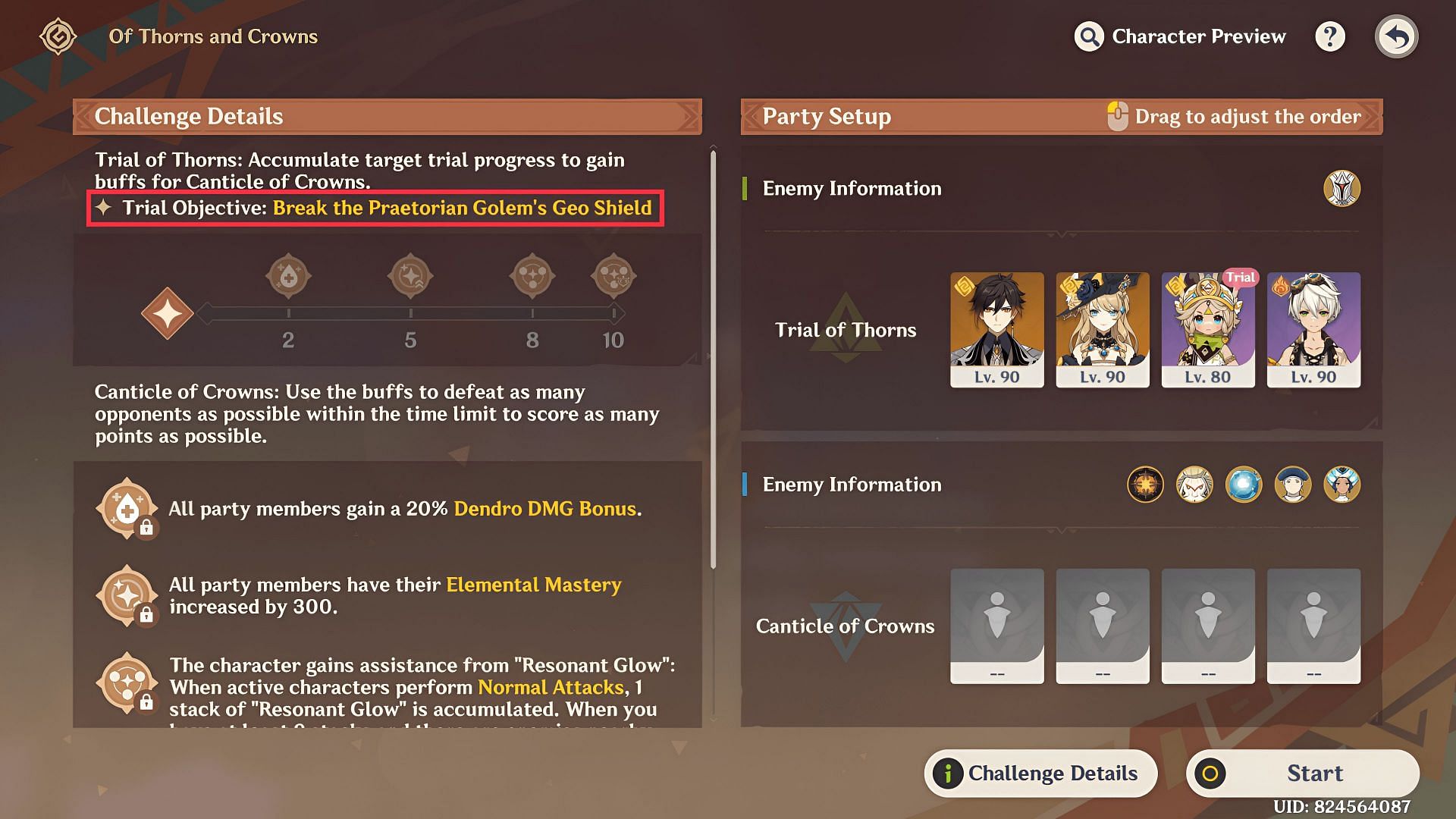 Of Thorns and Crowns event (Stage 1): Trial of Thorns objective and team setup (Image via HoYoverse)