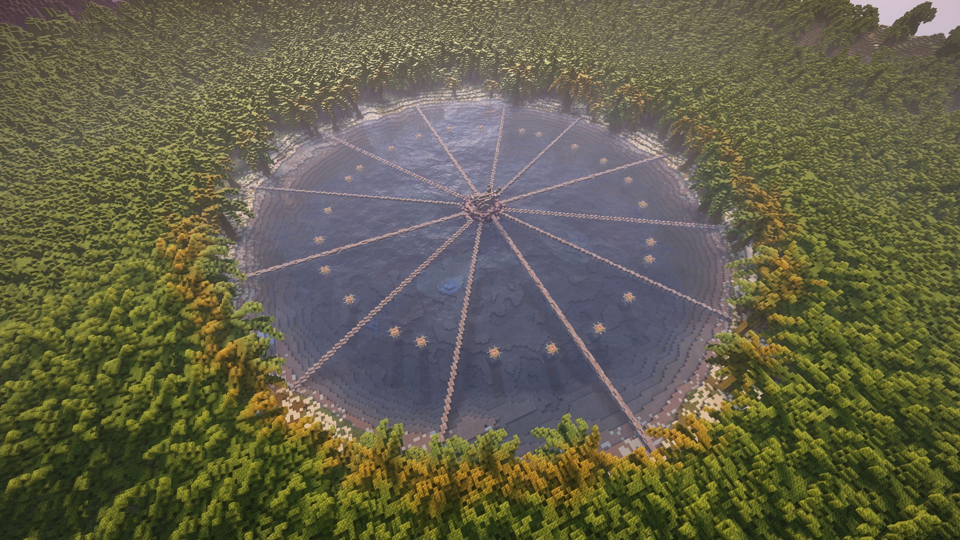 A central spawn area surrounded by an overgrown jungle arena (Image via Mojang)