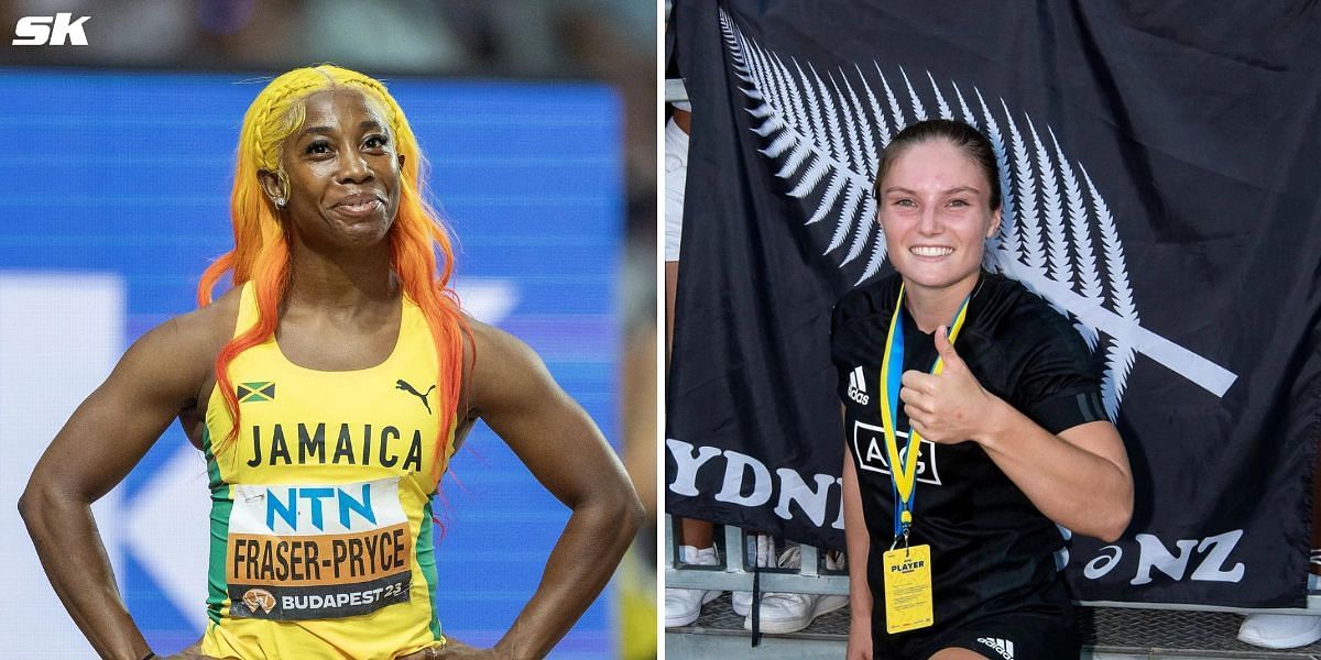 Shelly-Ann Fraser-Pryce recalls meeting Michaela Blyde at Paris Olympics. PHOTO: Both from Getty Images