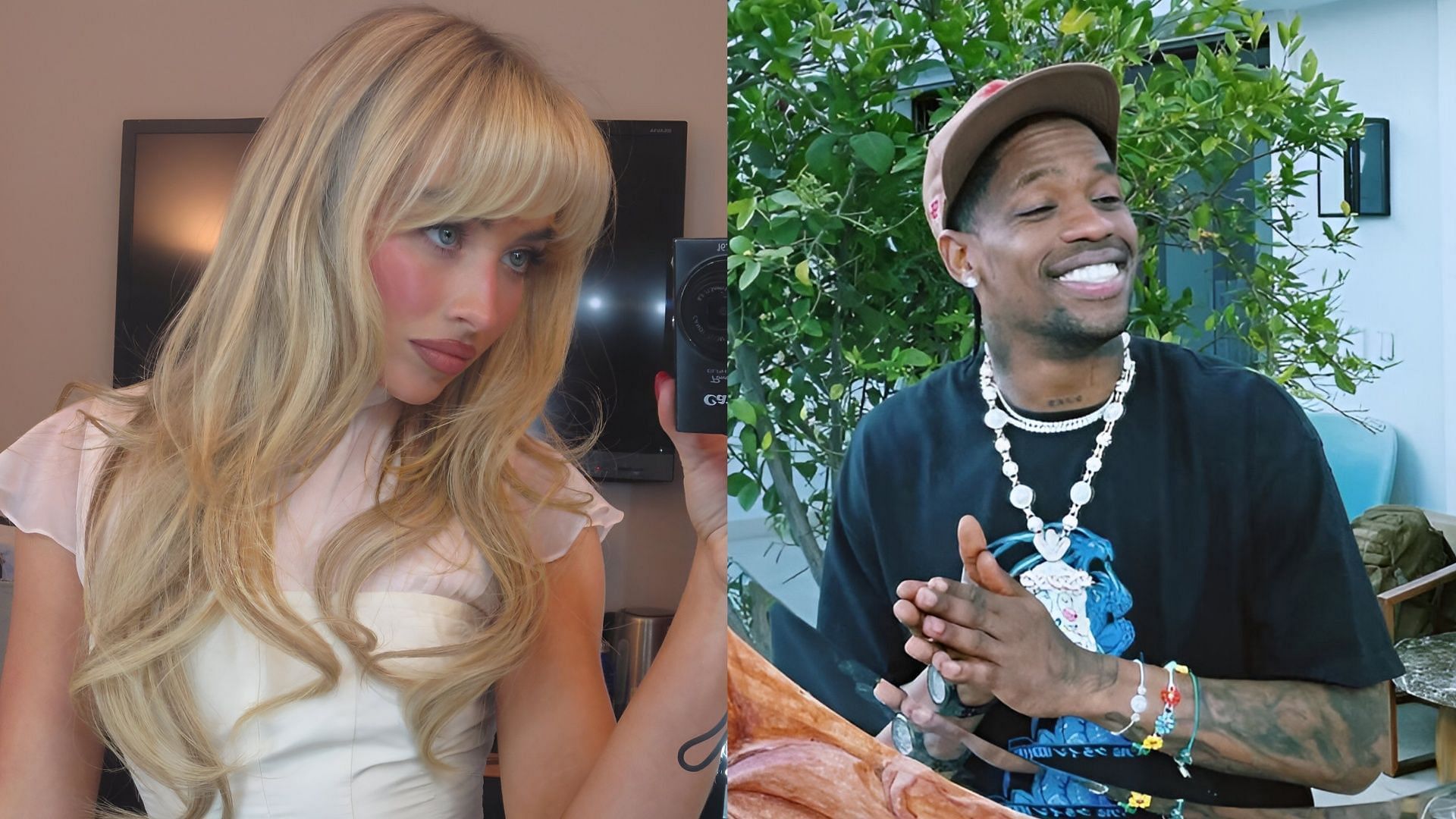 Internet reacts to video claiming Travis Scott was ahead of Sabrina Carpenter on the charts before album sales recount. (Image via Instagram/@sabrinacarpenter, @travisscott)