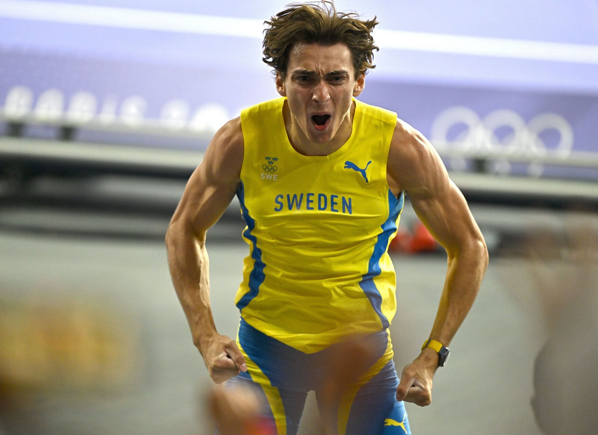 Mondo Duplantis celebrates after winning a gold medal in the men&#039;s pole vault final at the 2024 Olympic Games in Paris, France. (Photo via Getty Images)