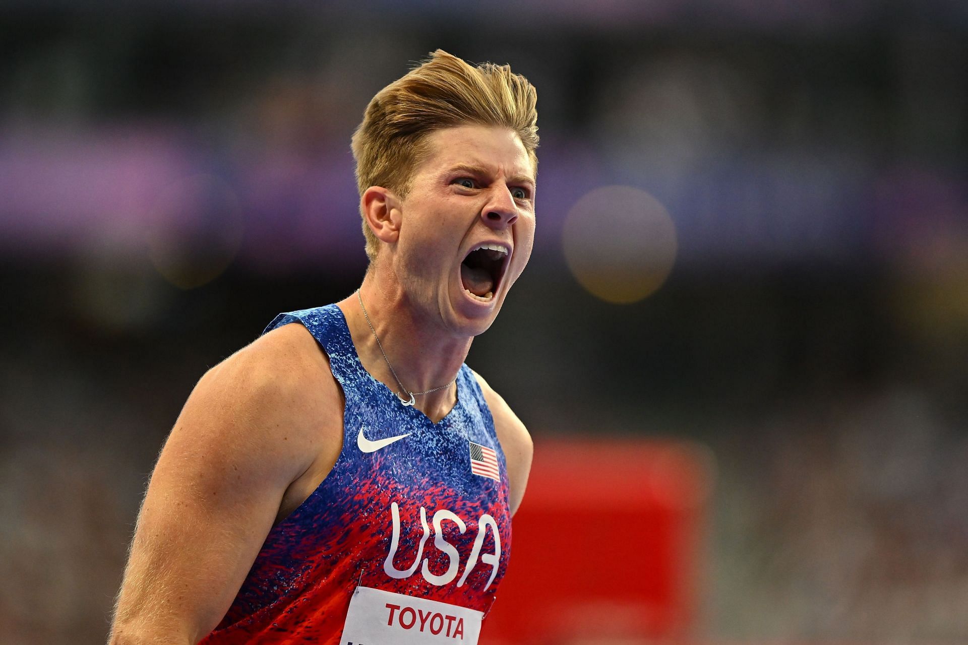 Hunter Woodhall celebrates after winning the Gold Medal in the Men&#039;s 400m T62 at the 2024 Summer Paralympic Games in Paris, France. (Photo by Getty Images)