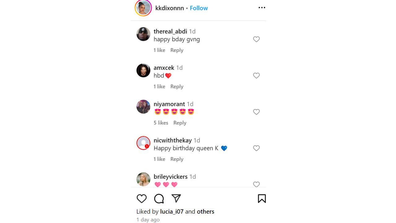 Ja Morant&#039;s sister Niya Morant reacts to KK Dixon&#039;s birthday photos on Instagram. [photo: @kkdixonnn/IG]