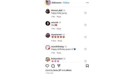 Ja Morant's sister Niya Morant reacts to KK Dixon's birthday photos on Instagram. [photo: @kkdixonnn/IG]