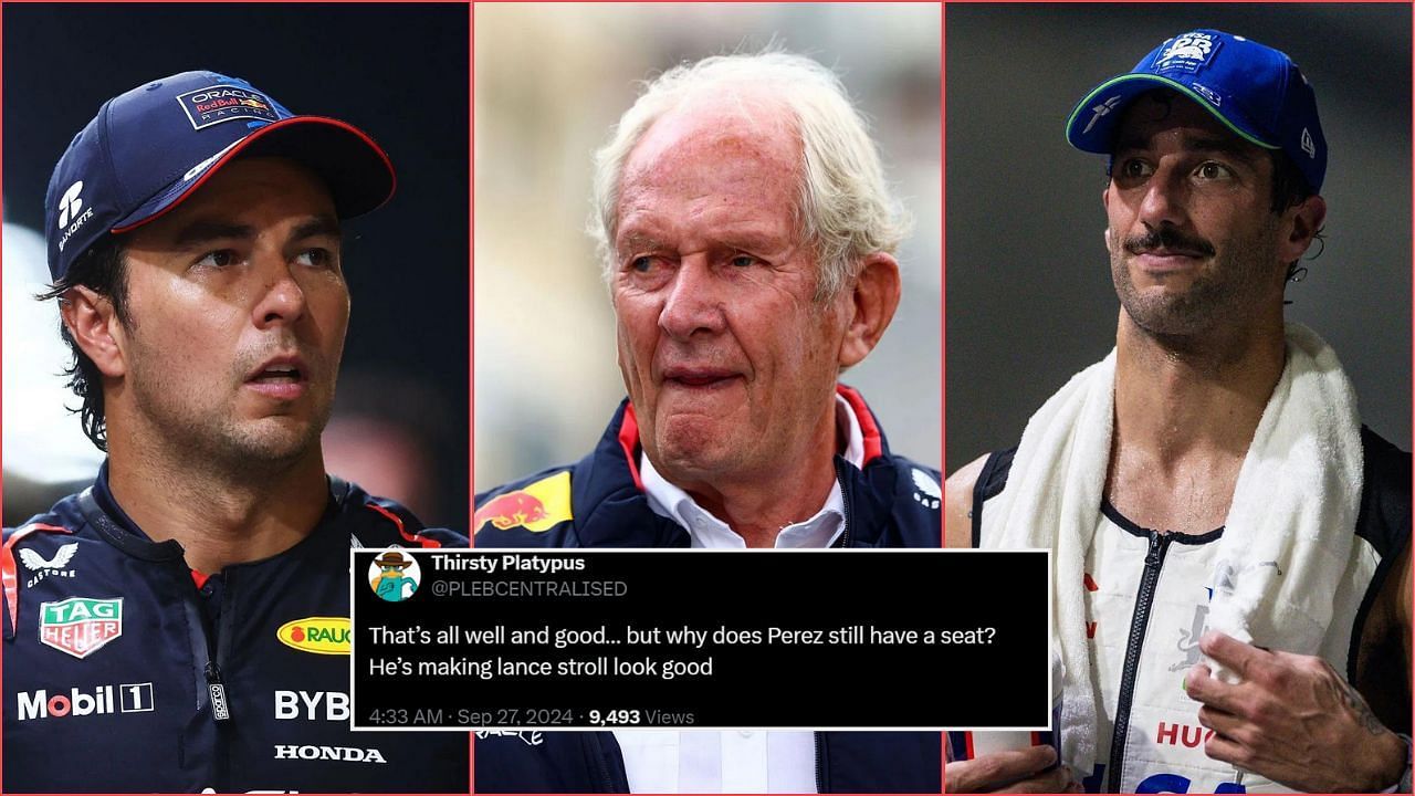 Sergio Perez, Helmut Marko and Daniel Ricciardo (from Left). Credit: All images from Getty. Fan reaction by x.com/PLEBCENTRALISED