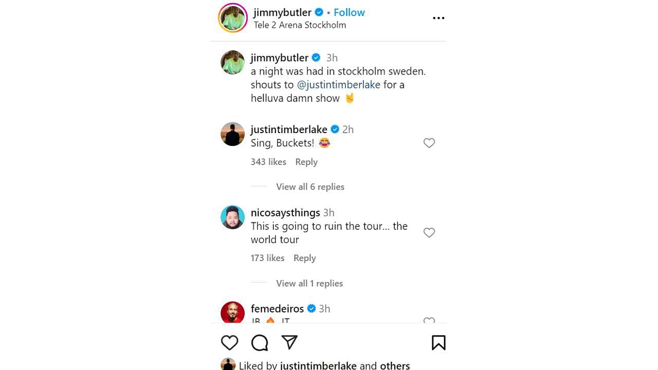 Justin Timberlake&#039;s response to Jimmy Butler&#039;s IG post. [photo: @jimmybutler/IG]