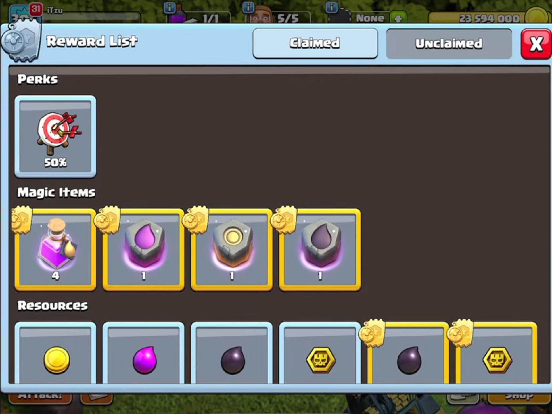 Reward list (Image via Supercell || iTzu [ENG] - Clash of Clans/YouTube)