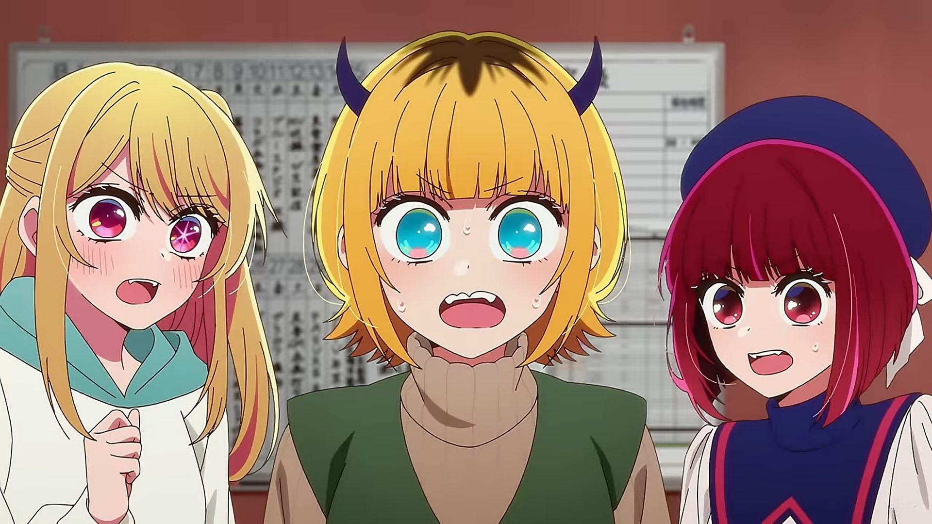 Ruby Hoshino, Mem-Cho, and Kana Arima as seen in Oshi no Ko anime (Image via Doga Kobo)