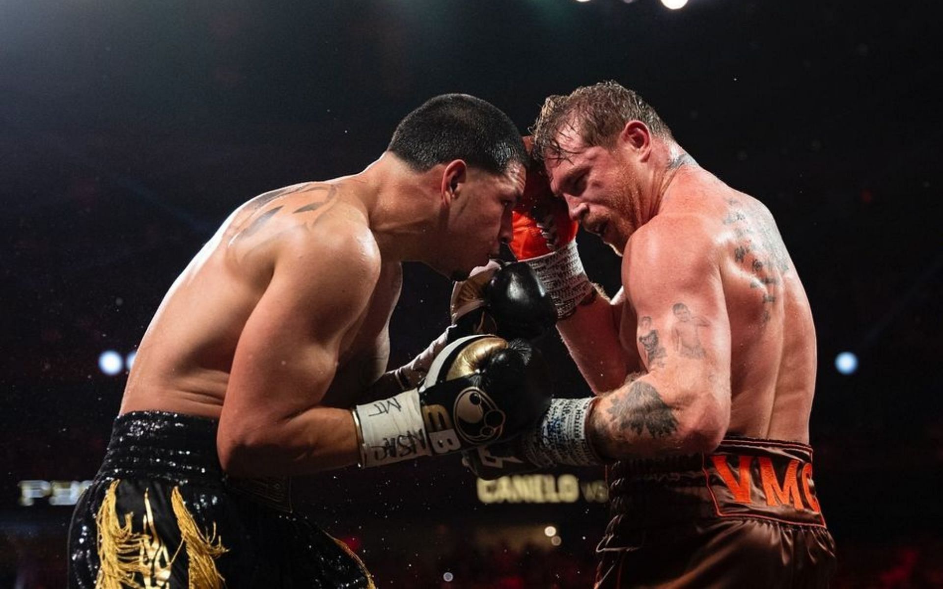 Edgar Berlanga Jr. (left) was thoroughly out-boxed by Canelo Alvarez (right) in their 168-pound title showdown [Image courtesy: @canelo on Instagram]