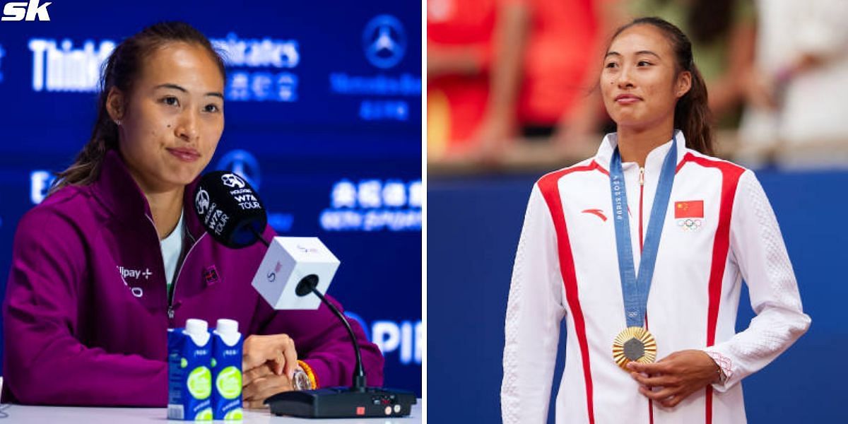 Zheng Qinwen at a press conference (L) &amp; Zheng Qinwen with her gold medal at Paris Olympics 2024 [Image Source: Getty Images] [Image Source: Getty Images]