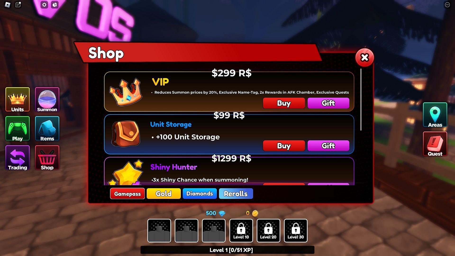 The in-game shop in Roblox Anime Royale (Image via Roblox)