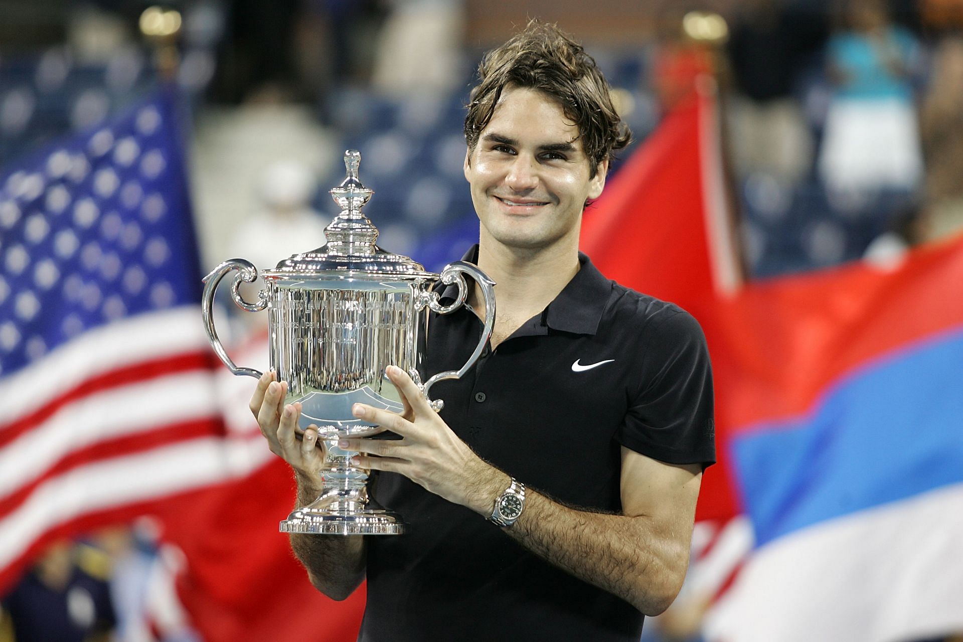 Roger Federer with his US trophy [Source: Getty]