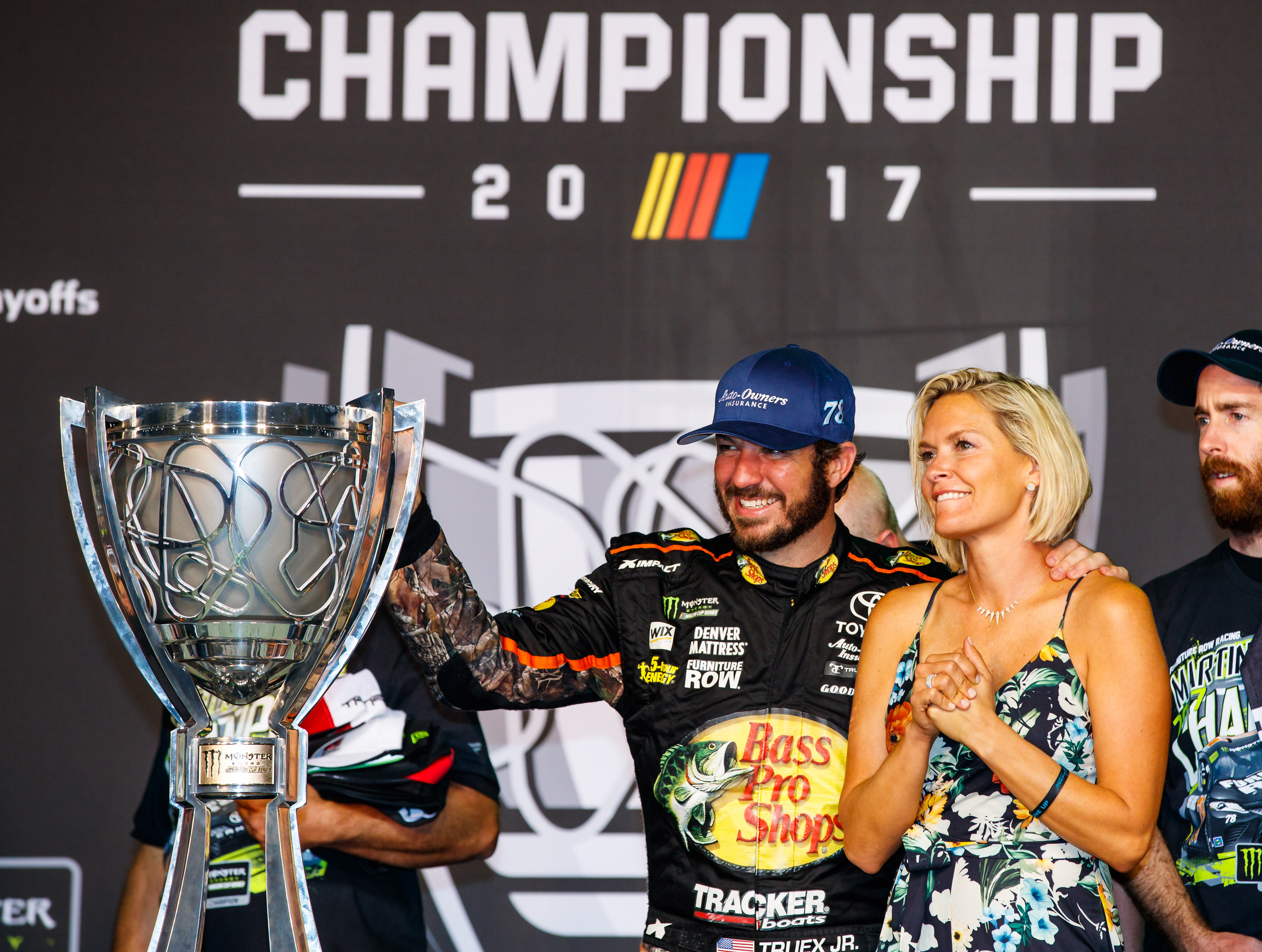 Martin Truex Jr. with Sherry Pollex in the 2017 Championship 4 - Source: Imagn