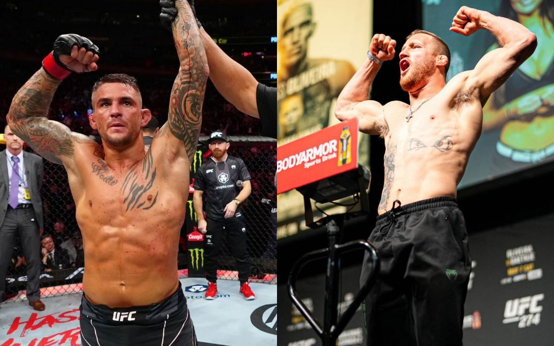 Dustin Poirier (left) teases a fight with Justin Gaethje (right). [Image credit: @dustinpoirier and @justin_gaethje on Instagram]