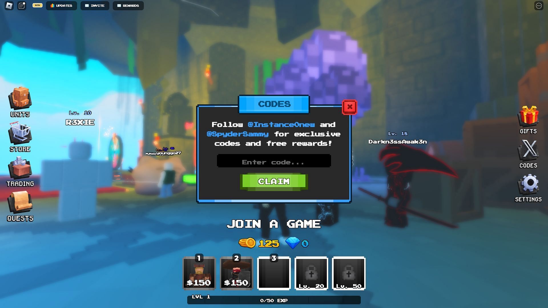 Redeem codes in Pixel Tower Defense (Image via Roblox)