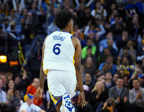 Nick Young reacts after scoring a three point basket against the Los Angeles Lakers during the fourth quarter at Oracle Arena. Photo Credit: Imagn