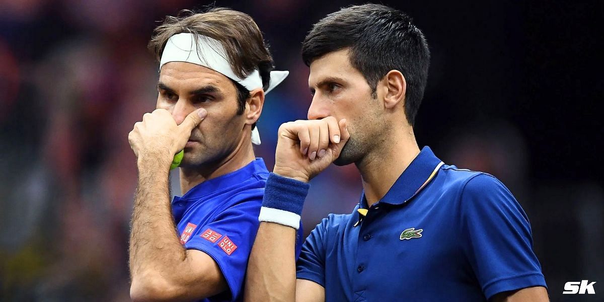 Roger Federer (L) with Novak Djokovic. (Image: Getty)