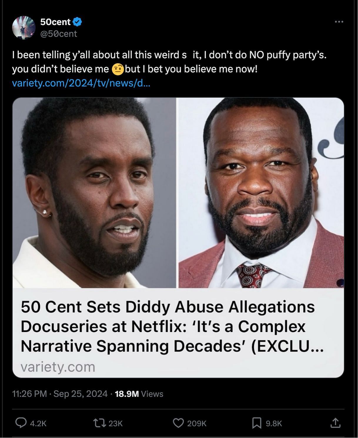 50 Cent&#039;s remarks against Diddy (Image via X/@50cent)