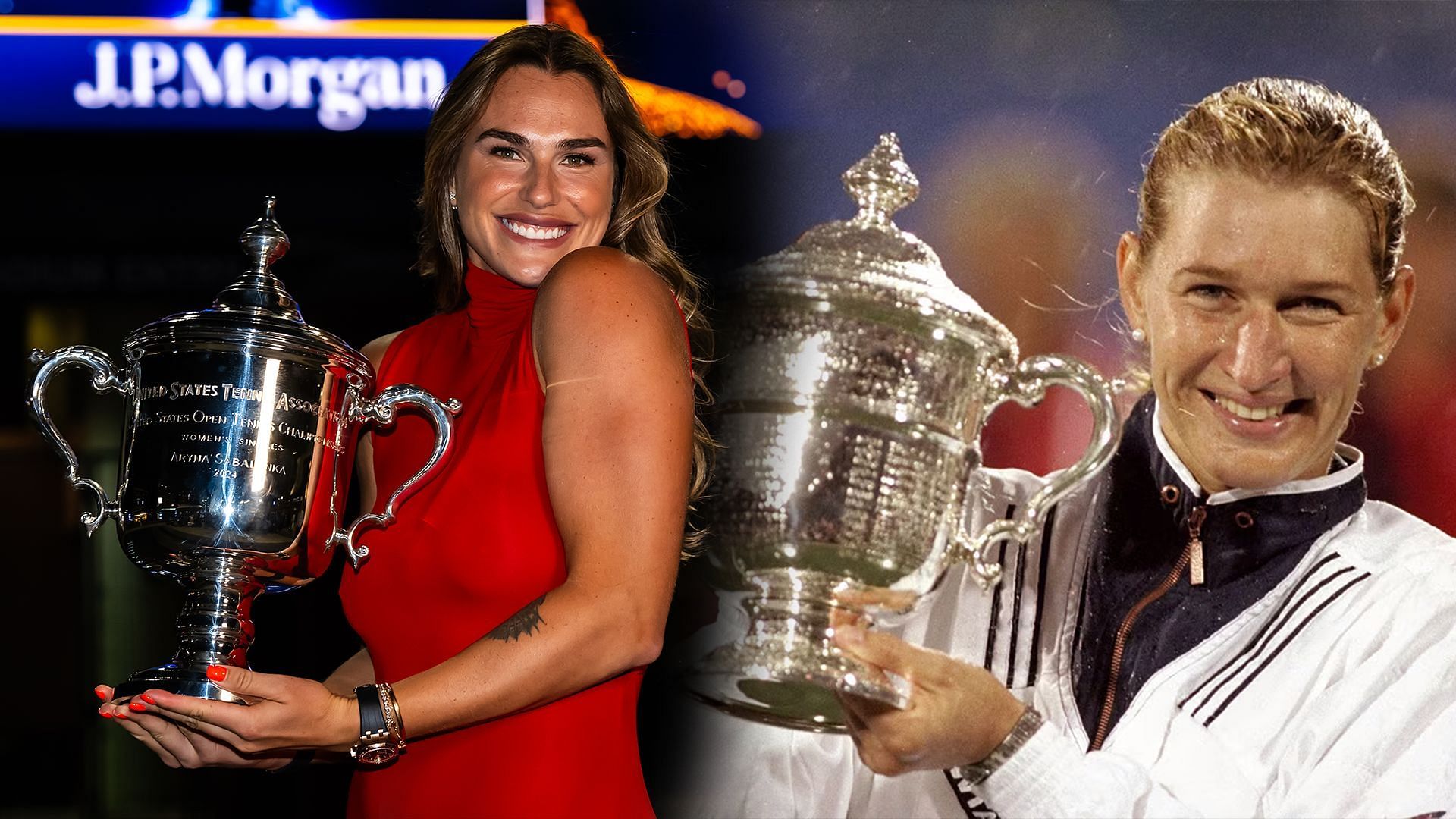 Aryna Sabalenka and Steffi Graf with their US Open Trophies