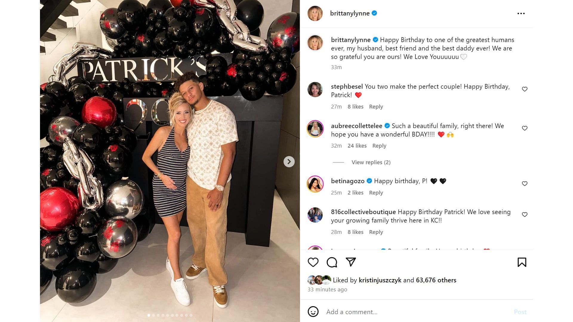 Brittany Mahomes wishes husband Patrick Mahomes after his 29th birthday [Image credit: @brittanylynne]