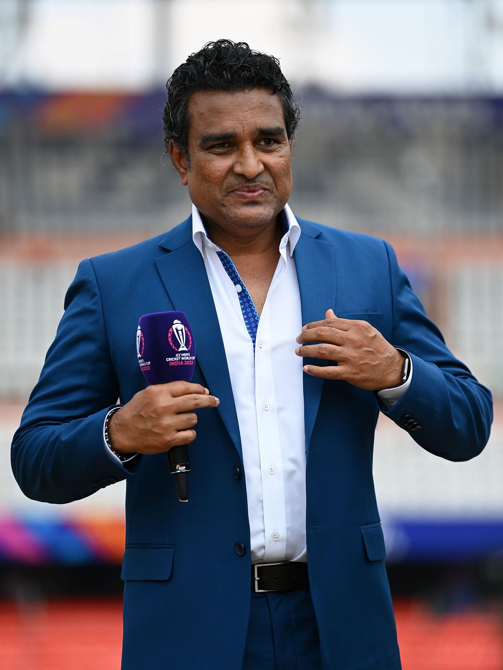 Commentator Sanjay Manjrekar looks on ahead of the ICC Men's Cricket World Cup India 2023 between New Zealand and Netherlands.