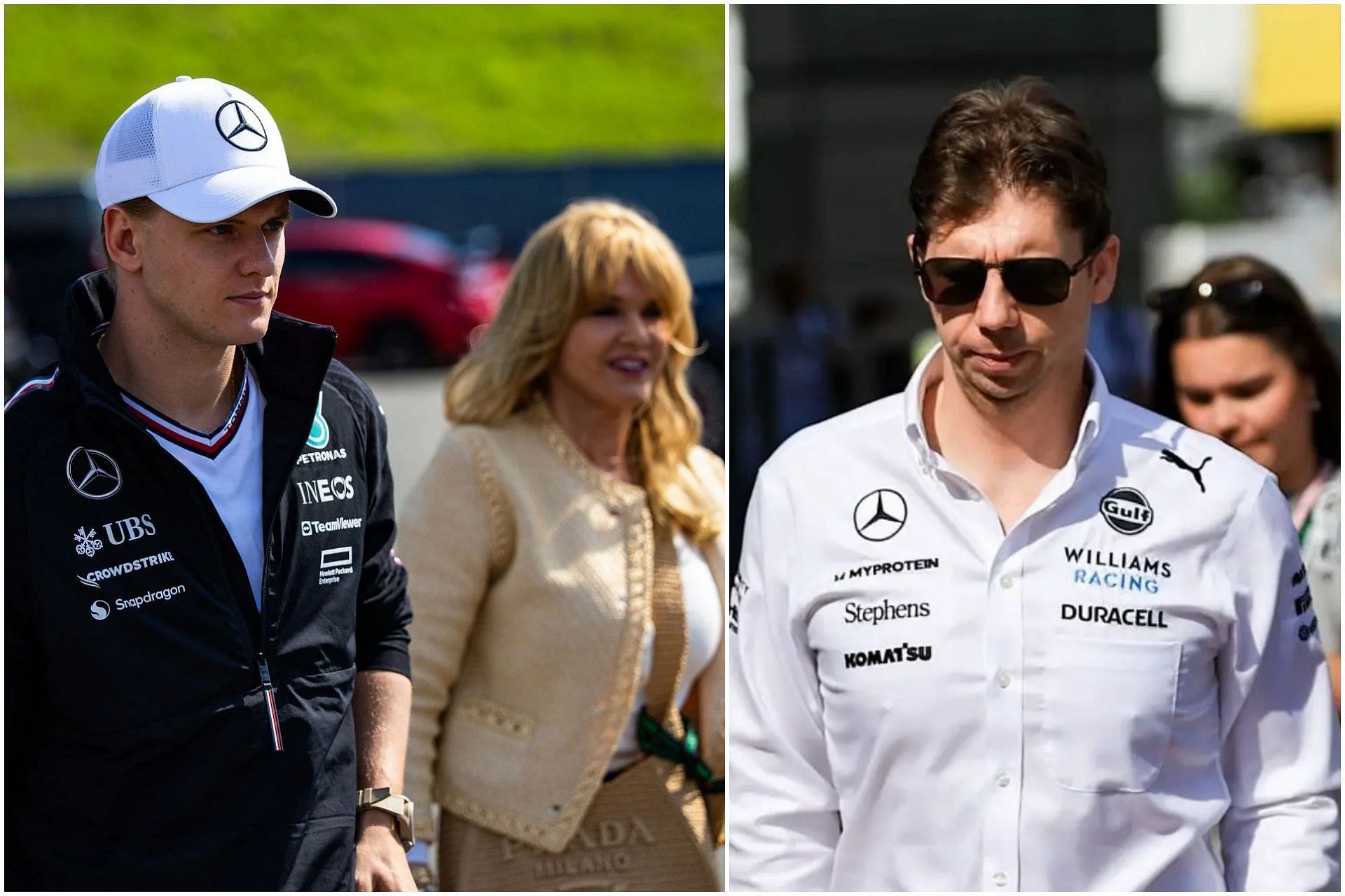 Mick Schumacher (L), Corinna Schumacher (C), and James Vowles (R) (Images via Getty)