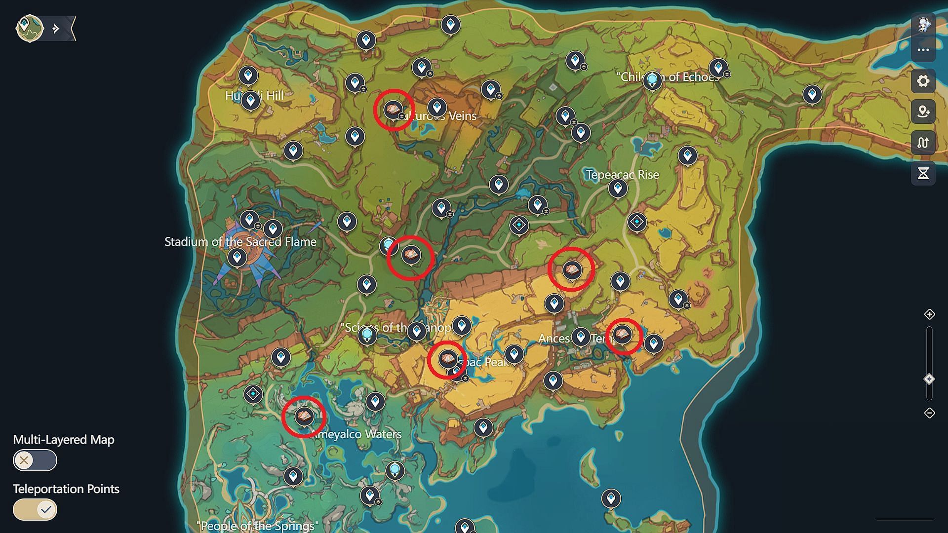 Locations of all six Broken Graffiti-Marked Stone (Image via HoYoverse)