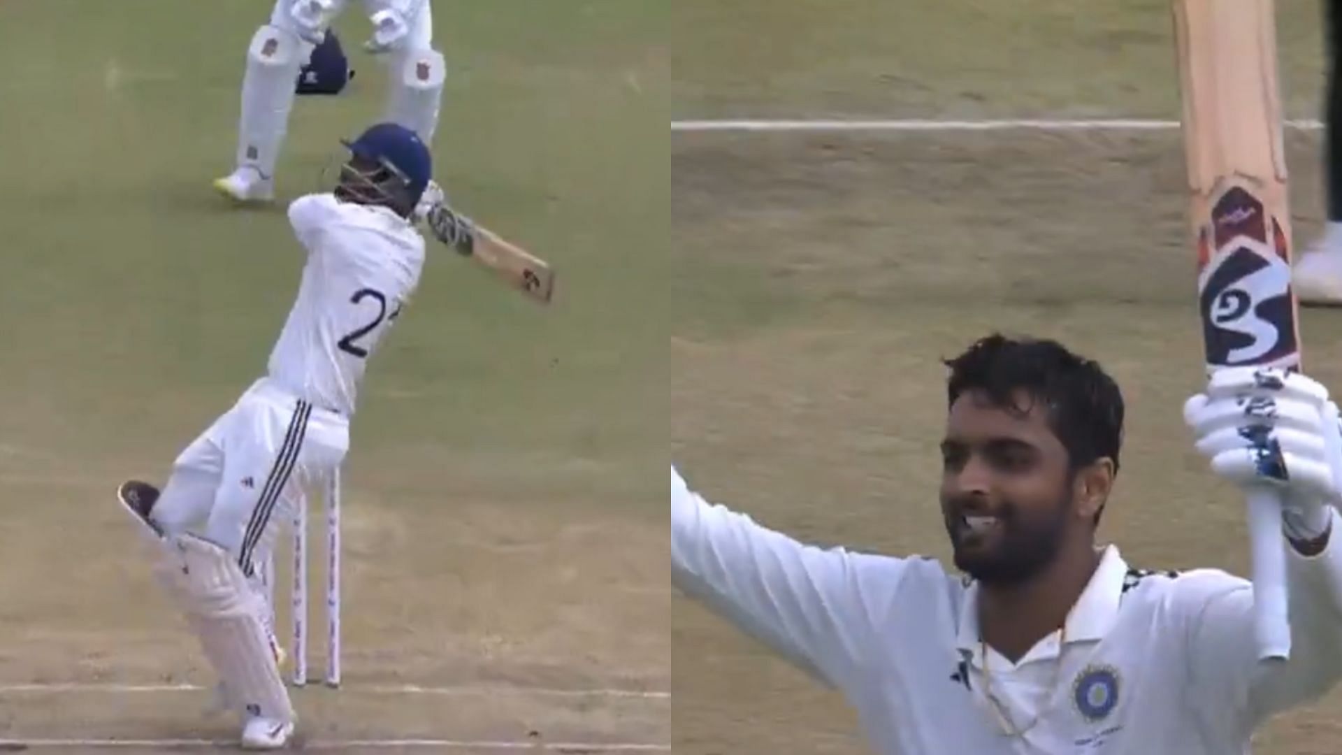 Pratham Singh scores 14 runs off Kaverappa to get to his century (Image credits: BCCIdomestic on X)