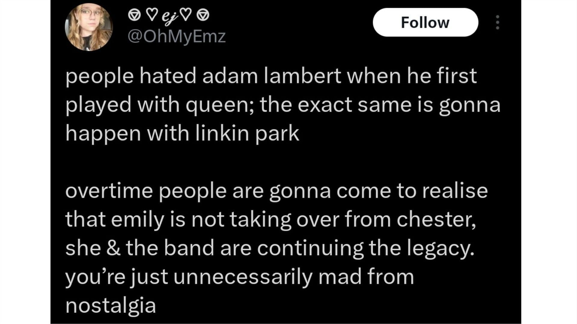 A user reacted to Emily joining Linkin Park, (Image via @OhMyEmz/X)