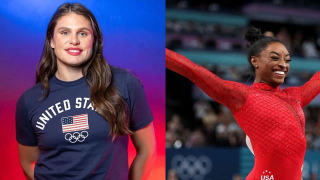 Ilona Maher enjoys a moment with Olympic champion Simone Biles before her 