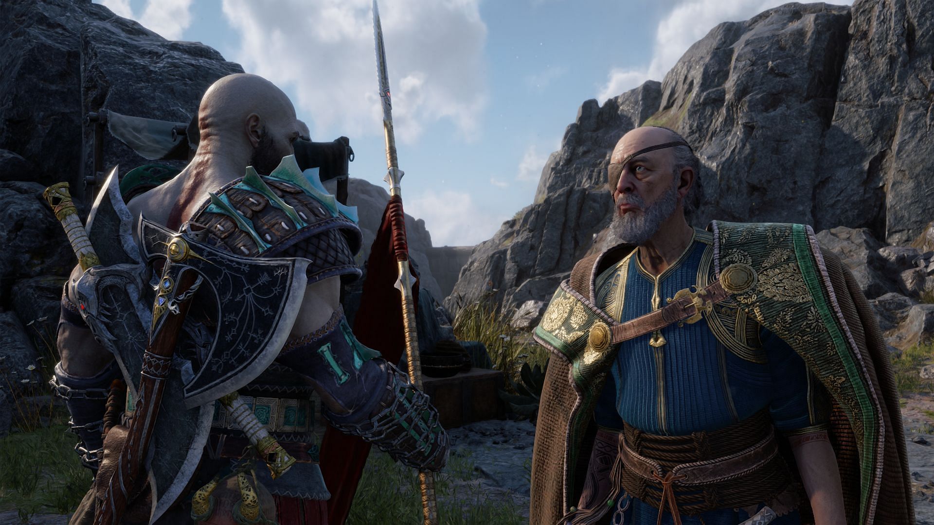 Kratos with the Draupnir Spear conversing with Odin (Image via Sony Interactive Entertainment)