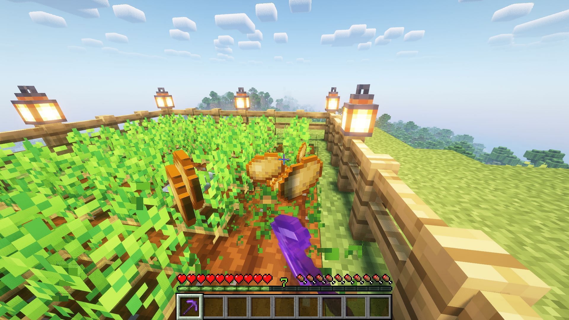 Garden hoes might feel natural for crop harvesting, but they&#039;re not always the best (Image via Mojang)