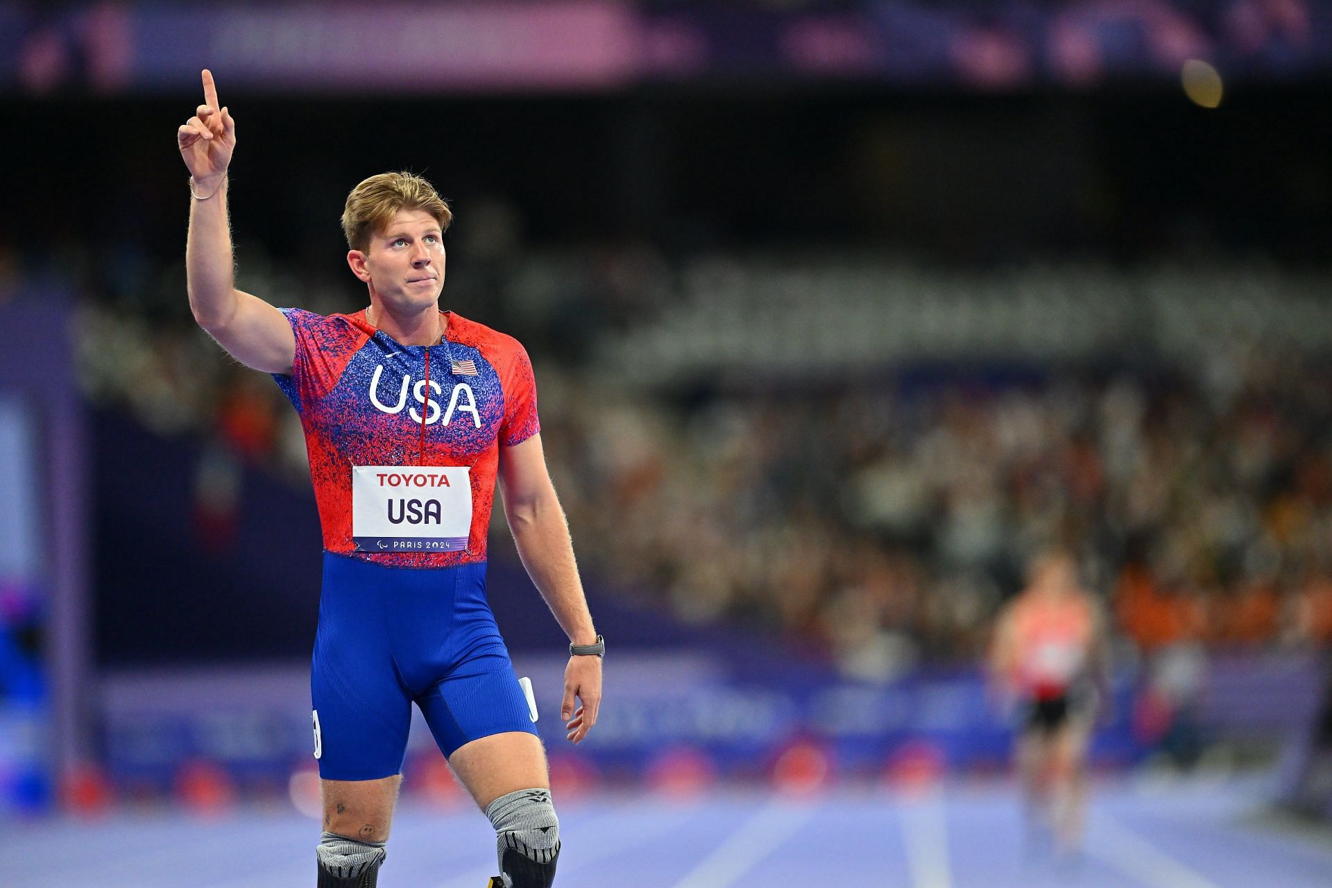 Hunter Woodhall of Team USA celebrates after winning the Bronze Medal in the 4x100m Universal Relay at the 2024 Summer Paralympic Games at Stade de France in Paris, France. (Photo by Getty Images)