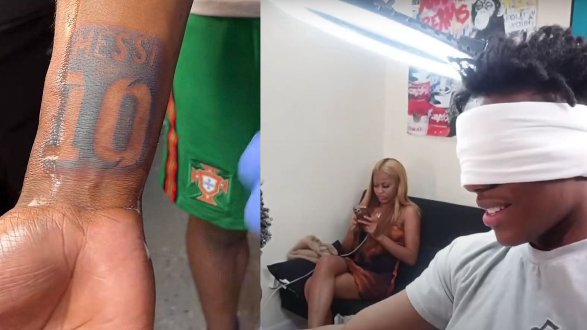 Speed was blindfolded when got his least favorite football player&#039;s jersey tattooed on his wrist (Images via IShowSpeed/YouTube || Football Daily Goal/Facebook)