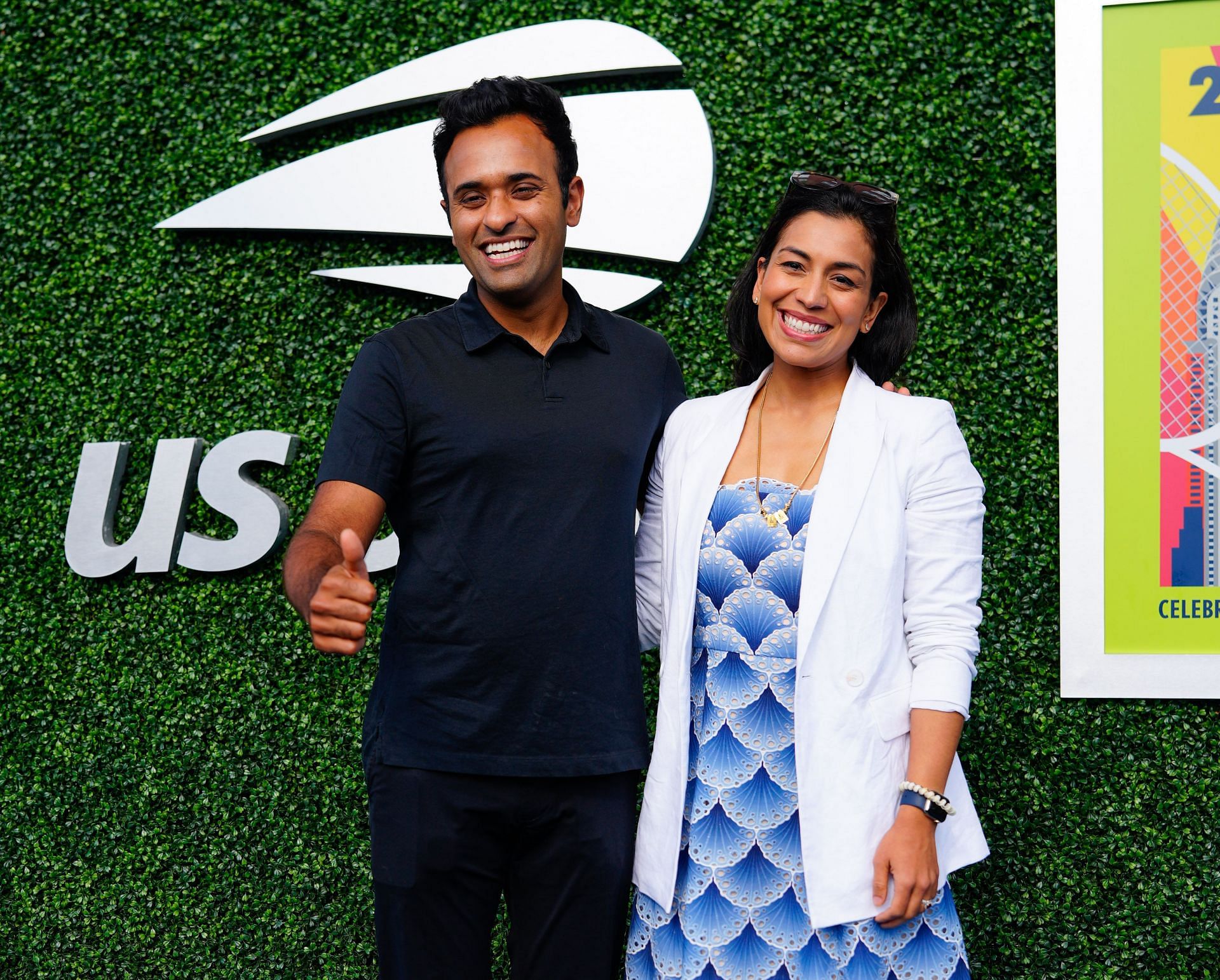 Vivek Ramaswamy with his wife at the 2023 US Open. (Image: Getty)