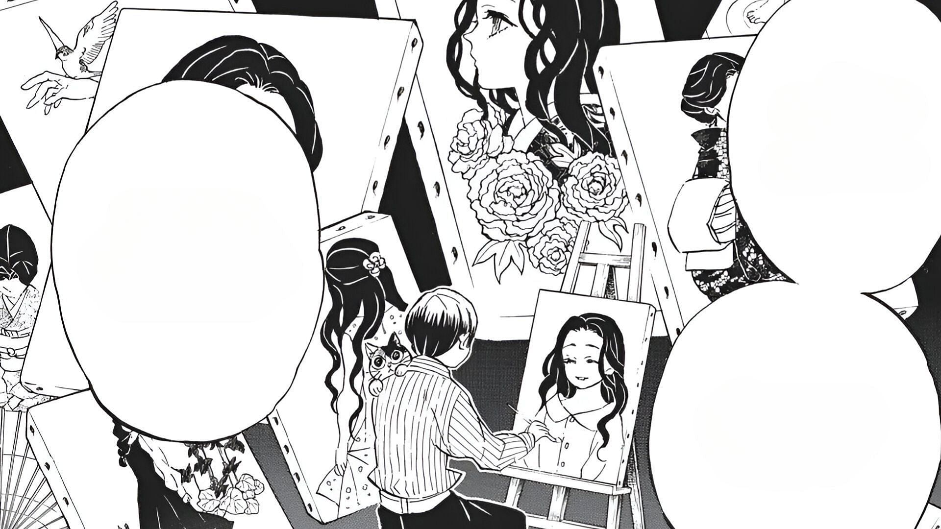 Yushiro painting Tamayo&#039;s paintings in Kimetsu no Yaiba (Image via Shueisha)