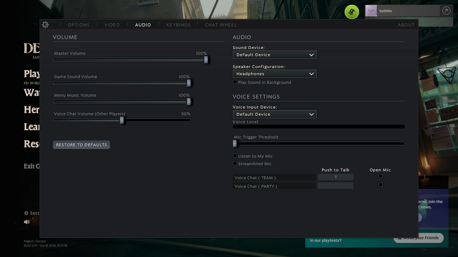 Deadlock audio settings menu (Image via Valve)